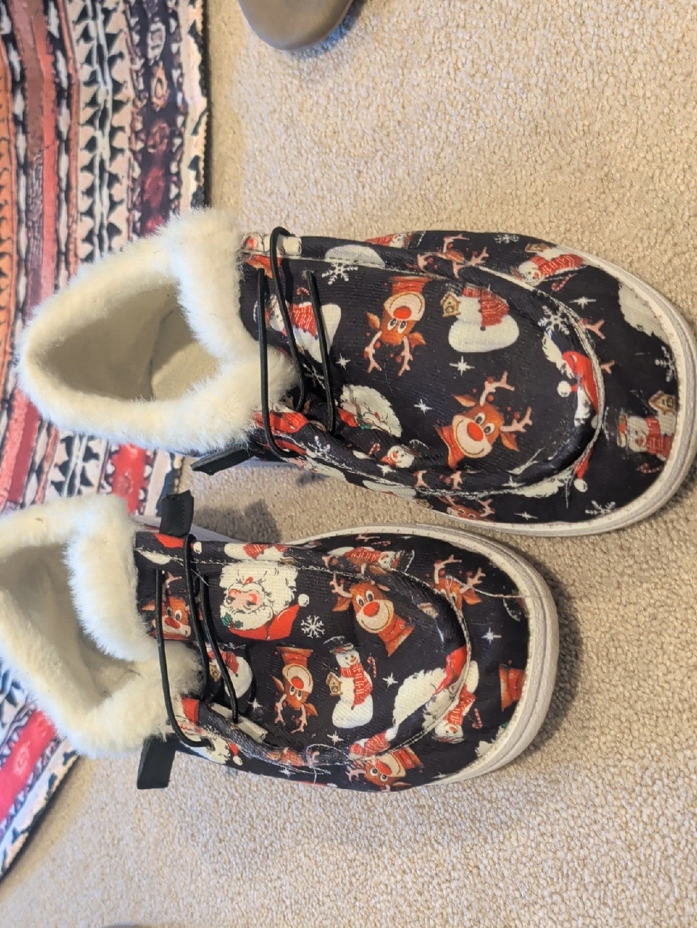 Hey Dude Black Christmas Reindeer & Santa Faux Fur Lined Slip-On Shoes